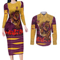 Personalized Brisbane Broncos ANZAC Tribute Couples Matching Long Sleeve Bodycon Dress and Long Sleeve Button Shirt Poppy Field Soldier Silhouette Aboriginal Rugby Mascot