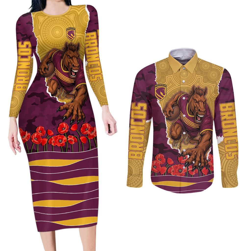 Personalized Brisbane Broncos ANZAC Tribute Couples Matching Long Sleeve Bodycon Dress and Long Sleeve Button Shirt Poppy Field Soldier Silhouette Aboriginal Rugby Mascot