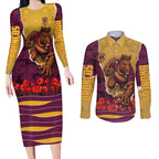 Personalized Brisbane Broncos ANZAC Tribute Couples Matching Long Sleeve Bodycon Dress and Long Sleeve Button Shirt Poppy Field Soldier Silhouette Aboriginal Rugby Mascot