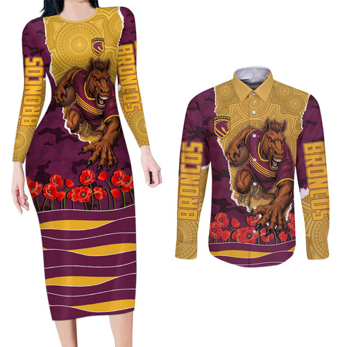 Personalized Brisbane Broncos ANZAC Tribute Couples Matching Long Sleeve Bodycon Dress and Long Sleeve Button Shirt Poppy Field Soldier Silhouette Aboriginal Rugby Mascot