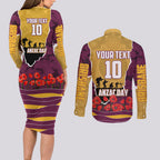 Personalized Brisbane Broncos ANZAC Tribute Couples Matching Long Sleeve Bodycon Dress and Long Sleeve Button Shirt Poppy Field Soldier Silhouette Aboriginal Rugby Mascot