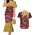 Personalized Brisbane Broncos ANZAC Tribute Couples Matching Mermaid Dress and Hawaiian Shirt Poppy Field Soldier Silhouette Aboriginal Rugby Mascot