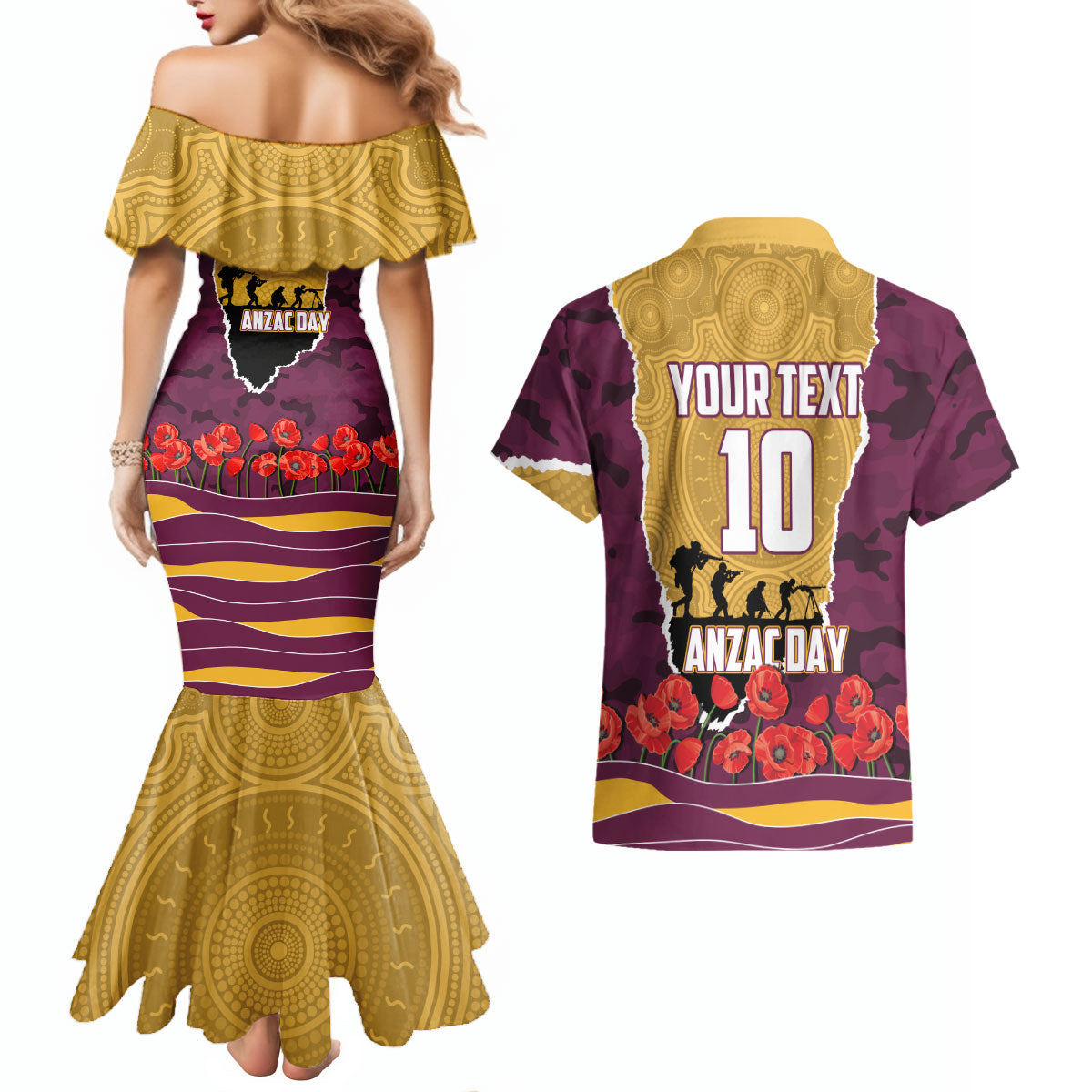 Personalized Brisbane Broncos ANZAC Tribute Couples Matching Mermaid Dress and Hawaiian Shirt Poppy Field Soldier Silhouette Aboriginal Rugby Mascot