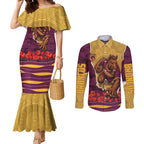 Personalized Brisbane Broncos ANZAC Tribute Couples Matching Mermaid Dress and Long Sleeve Button Shirt Poppy Field Soldier Silhouette Aboriginal Rugby Mascot