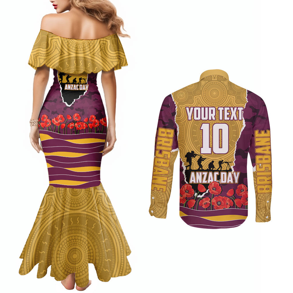 Personalized Brisbane Broncos ANZAC Tribute Couples Matching Mermaid Dress and Long Sleeve Button Shirt Poppy Field Soldier Silhouette Aboriginal Rugby Mascot