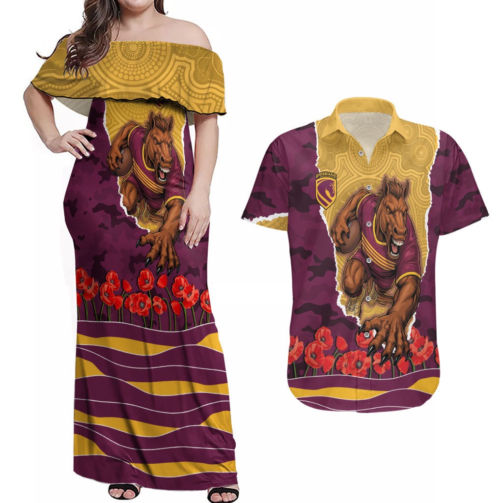 Personalized Brisbane Broncos ANZAC Tribute Couples Matching Off Shoulder Maxi Dress and Hawaiian Shirt Poppy Field Soldier Silhouette Aboriginal Rugby Mascot