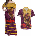 Personalized Brisbane Broncos ANZAC Tribute Couples Matching Off Shoulder Maxi Dress and Hawaiian Shirt Poppy Field Soldier Silhouette Aboriginal Rugby Mascot