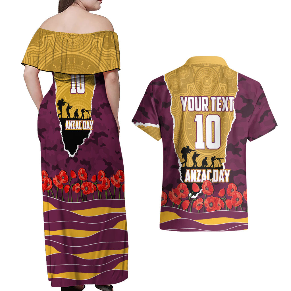 Personalized Brisbane Broncos ANZAC Tribute Couples Matching Off Shoulder Maxi Dress and Hawaiian Shirt Poppy Field Soldier Silhouette Aboriginal Rugby Mascot