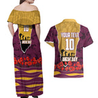 Personalized Brisbane Broncos ANZAC Tribute Couples Matching Off Shoulder Maxi Dress and Hawaiian Shirt Poppy Field Soldier Silhouette Aboriginal Rugby Mascot