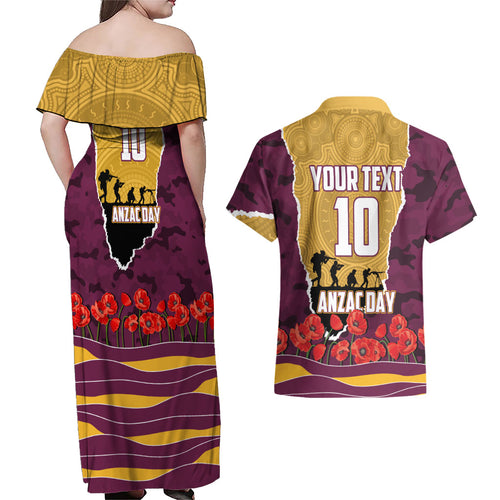 Personalized Brisbane Broncos ANZAC Tribute Couples Matching Off Shoulder Maxi Dress and Hawaiian Shirt Poppy Field Soldier Silhouette Aboriginal Rugby Mascot