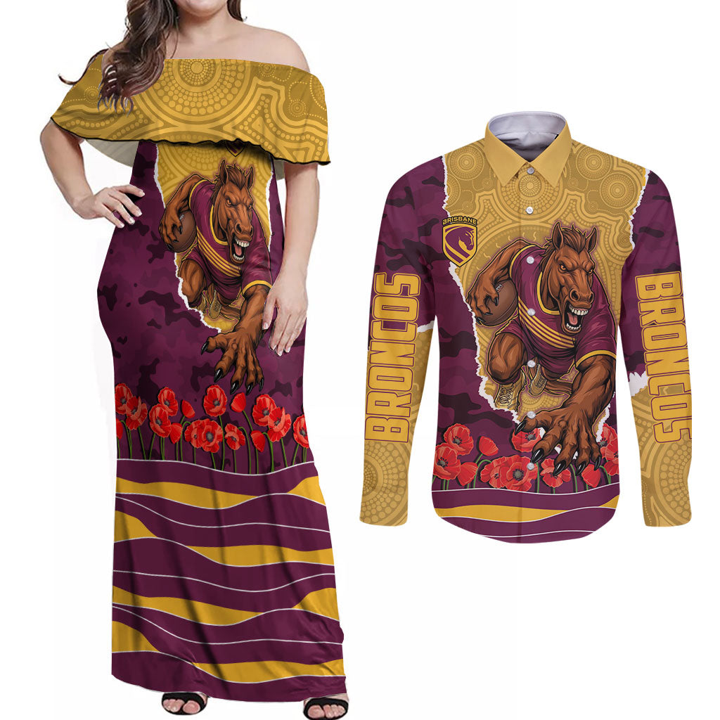 Personalized Brisbane Broncos ANZAC Tribute Couples Matching Off Shoulder Maxi Dress and Long Sleeve Button Shirt Poppy Field Soldier Silhouette Aboriginal Rugby Mascot