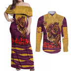 Personalized Brisbane Broncos ANZAC Tribute Couples Matching Off Shoulder Maxi Dress and Long Sleeve Button Shirt Poppy Field Soldier Silhouette Aboriginal Rugby Mascot