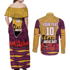 Personalized Brisbane Broncos ANZAC Tribute Couples Matching Off Shoulder Maxi Dress and Long Sleeve Button Shirt Poppy Field Soldier Silhouette Aboriginal Rugby Mascot