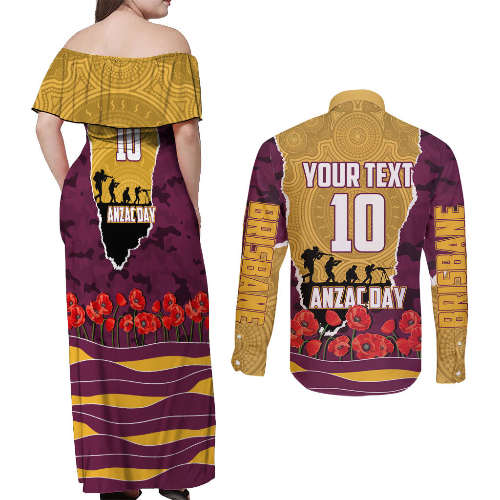 Personalized Brisbane Broncos ANZAC Tribute Couples Matching Off Shoulder Maxi Dress and Long Sleeve Button Shirt Poppy Field Soldier Silhouette Aboriginal Rugby Mascot