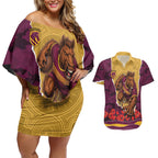 Personalized Brisbane Broncos ANZAC Tribute Couples Matching Off Shoulder Short Dress and Hawaiian Shirt Poppy Field Soldier Silhouette Aboriginal Rugby Mascot