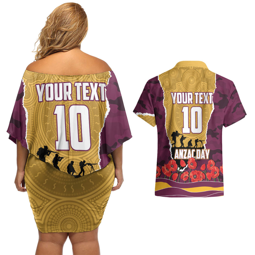 Personalized Brisbane Broncos ANZAC Tribute Couples Matching Off Shoulder Short Dress and Hawaiian Shirt Poppy Field Soldier Silhouette Aboriginal Rugby Mascot
