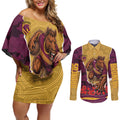 Personalized Brisbane Broncos ANZAC Tribute Couples Matching Off Shoulder Short Dress and Long Sleeve Button Shirt Poppy Field Soldier Silhouette Aboriginal Rugby Mascot