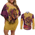Personalized Brisbane Broncos ANZAC Tribute Couples Matching Off Shoulder Short Dress and Long Sleeve Button Shirt Poppy Field Soldier Silhouette Aboriginal Rugby Mascot