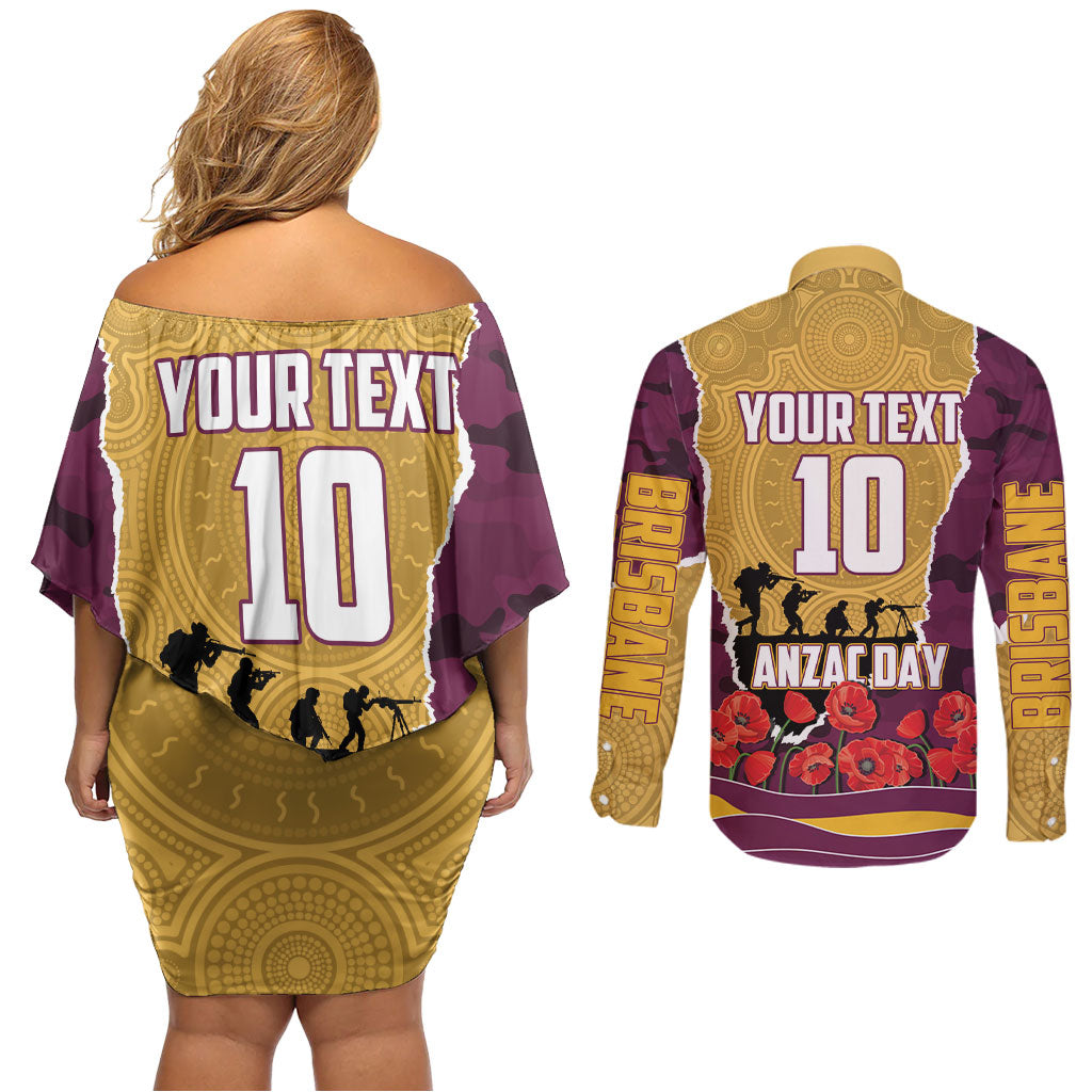 Personalized Brisbane Broncos ANZAC Tribute Couples Matching Off Shoulder Short Dress and Long Sleeve Button Shirt Poppy Field Soldier Silhouette Aboriginal Rugby Mascot