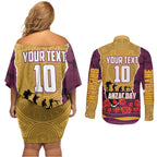 Personalized Brisbane Broncos ANZAC Tribute Couples Matching Off Shoulder Short Dress and Long Sleeve Button Shirt Poppy Field Soldier Silhouette Aboriginal Rugby Mascot