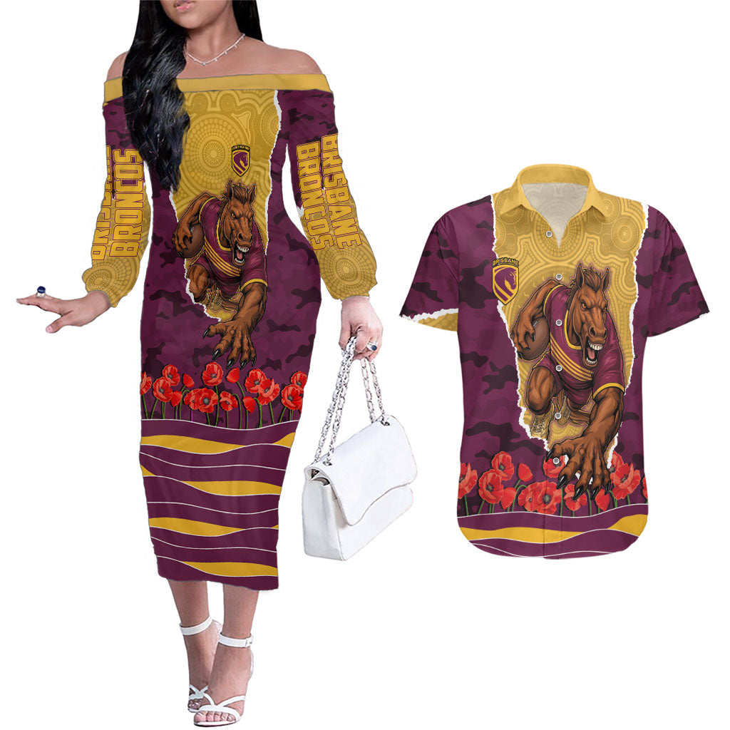 Personalized Brisbane Broncos ANZAC Tribute Couples Matching Off The Shoulder Long Sleeve Dress and Hawaiian Shirt Poppy Field Soldier Silhouette Aboriginal Rugby Mascot
