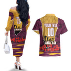 Personalized Brisbane Broncos ANZAC Tribute Couples Matching Off The Shoulder Long Sleeve Dress and Hawaiian Shirt Poppy Field Soldier Silhouette Aboriginal Rugby Mascot