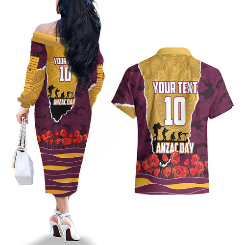 Personalized Brisbane Broncos ANZAC Tribute Couples Matching Off The Shoulder Long Sleeve Dress and Hawaiian Shirt Poppy Field Soldier Silhouette Aboriginal Rugby Mascot