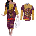 Personalized Brisbane Broncos ANZAC Tribute Couples Matching Off The Shoulder Long Sleeve Dress and Long Sleeve Button Shirt Poppy Field Soldier Silhouette Aboriginal Rugby Mascot