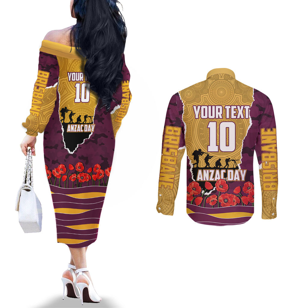 Personalized Brisbane Broncos ANZAC Tribute Couples Matching Off The Shoulder Long Sleeve Dress and Long Sleeve Button Shirt Poppy Field Soldier Silhouette Aboriginal Rugby Mascot
