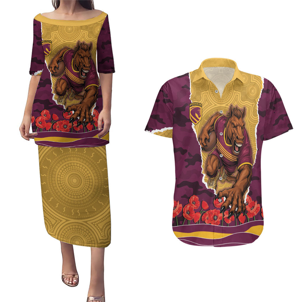 Personalized Brisbane Broncos ANZAC Tribute Couples Matching Puletasi and Hawaiian Shirt Poppy Field Soldier Silhouette Aboriginal Rugby Mascot