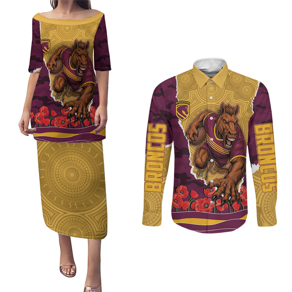Personalized Brisbane Broncos ANZAC Tribute Couples Matching Puletasi and Long Sleeve Button Shirt Poppy Field Soldier Silhouette Aboriginal Rugby Mascot