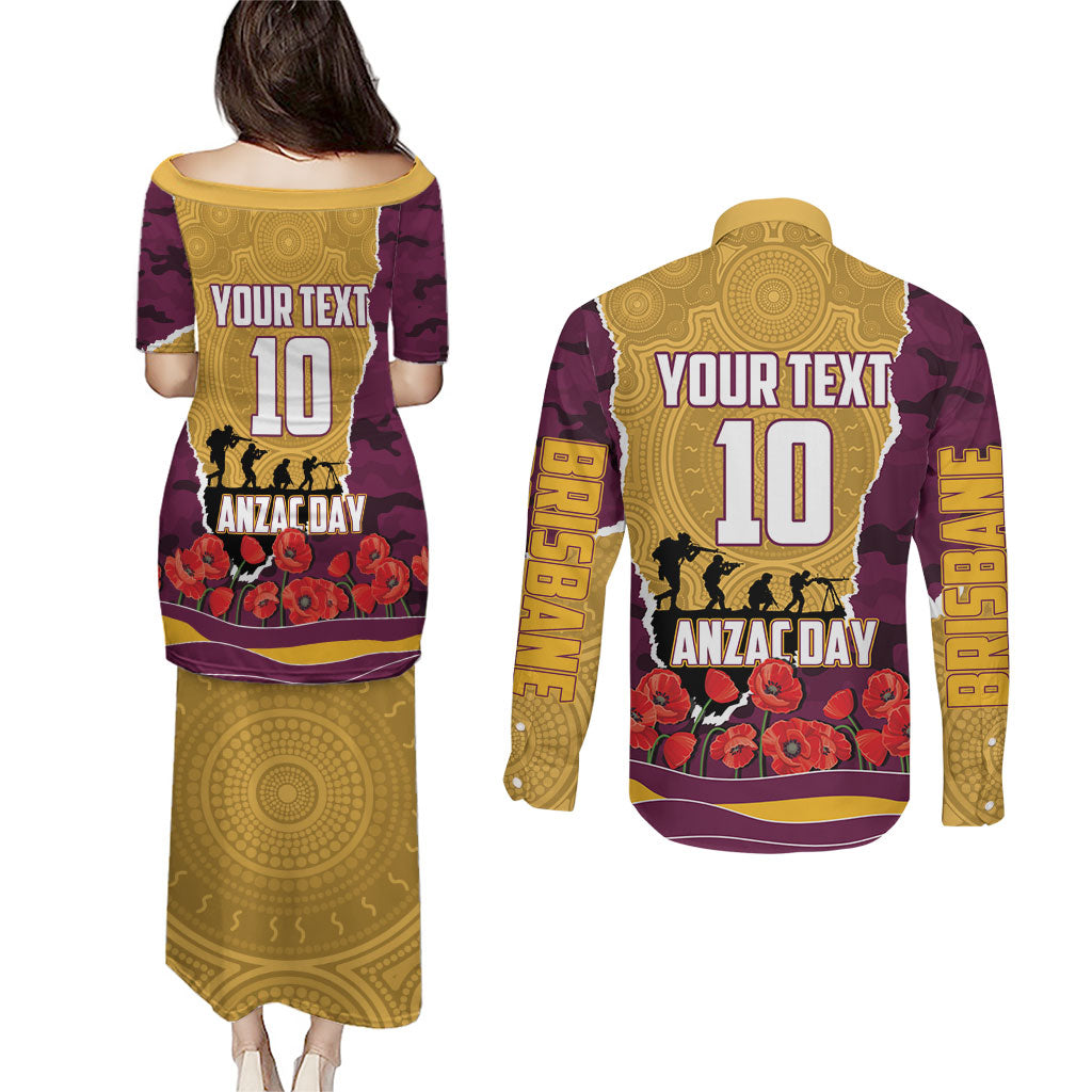 Personalized Brisbane Broncos ANZAC Tribute Couples Matching Puletasi and Long Sleeve Button Shirt Poppy Field Soldier Silhouette Aboriginal Rugby Mascot