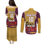 Personalized Brisbane Broncos ANZAC Tribute Couples Matching Puletasi and Long Sleeve Button Shirt Poppy Field Soldier Silhouette Aboriginal Rugby Mascot