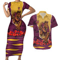 Personalized Brisbane Broncos ANZAC Tribute Couples Matching Short Sleeve Bodycon Dress and Hawaiian Shirt Poppy Field Soldier Silhouette Aboriginal Rugby Mascot
