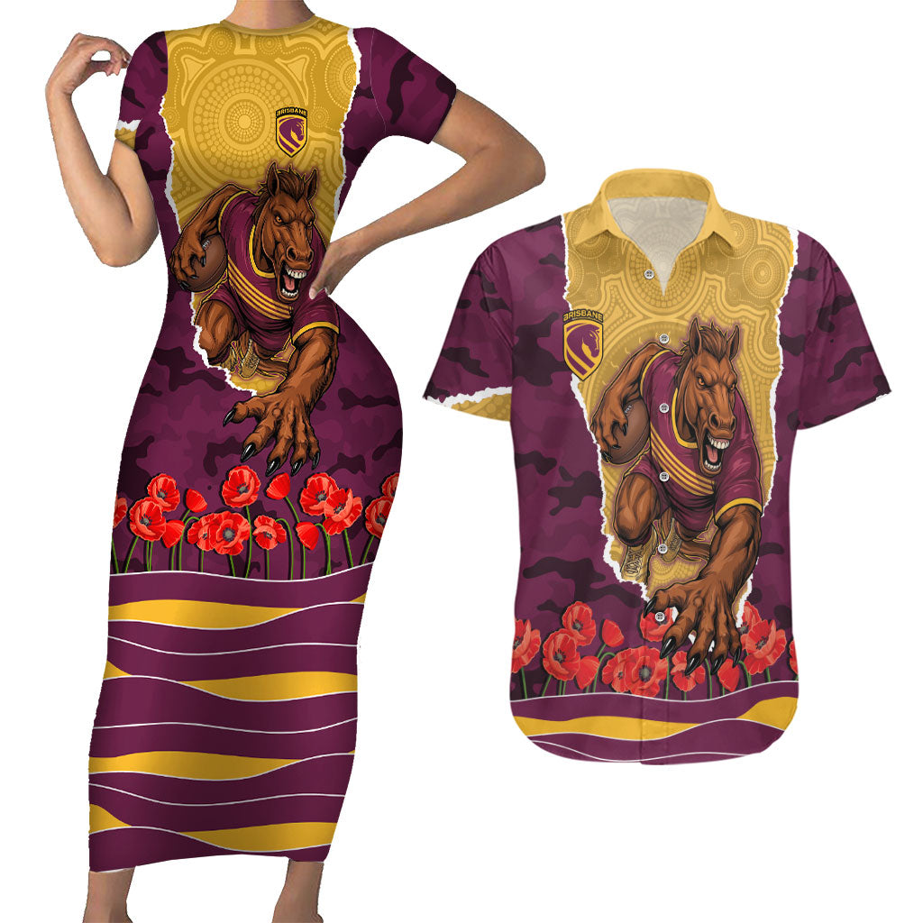 Personalized Brisbane Broncos ANZAC Tribute Couples Matching Short Sleeve Bodycon Dress and Hawaiian Shirt Poppy Field Soldier Silhouette Aboriginal Rugby Mascot