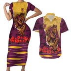Personalized Brisbane Broncos ANZAC Tribute Couples Matching Short Sleeve Bodycon Dress and Hawaiian Shirt Poppy Field Soldier Silhouette Aboriginal Rugby Mascot