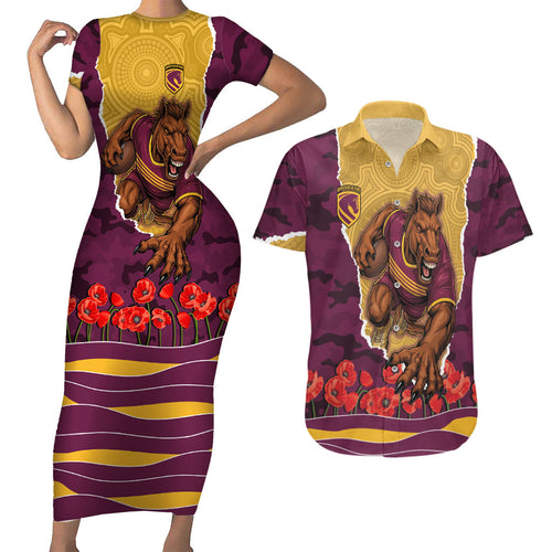 Personalized Brisbane Broncos ANZAC Tribute Couples Matching Short Sleeve Bodycon Dress and Hawaiian Shirt Poppy Field Soldier Silhouette Aboriginal Rugby Mascot