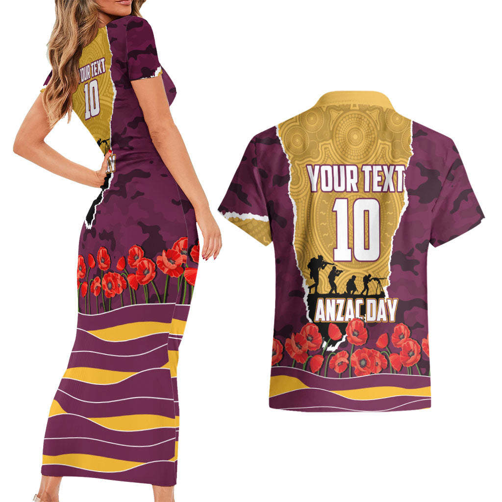Personalized Brisbane Broncos ANZAC Tribute Couples Matching Short Sleeve Bodycon Dress and Hawaiian Shirt Poppy Field Soldier Silhouette Aboriginal Rugby Mascot