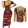 Personalized Brisbane Broncos ANZAC Tribute Couples Matching Short Sleeve Bodycon Dress and Long Sleeve Button Shirt Poppy Field Soldier Silhouette Aboriginal Rugby Mascot