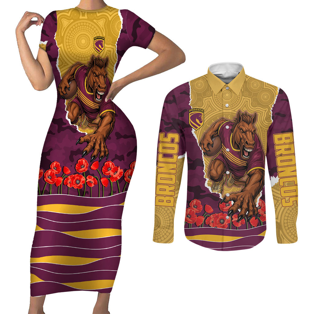 Personalized Brisbane Broncos ANZAC Tribute Couples Matching Short Sleeve Bodycon Dress and Long Sleeve Button Shirt Poppy Field Soldier Silhouette Aboriginal Rugby Mascot