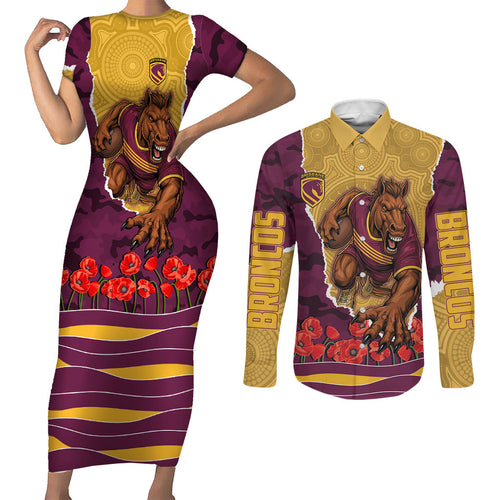Personalized Brisbane Broncos ANZAC Tribute Couples Matching Short Sleeve Bodycon Dress and Long Sleeve Button Shirt Poppy Field Soldier Silhouette Aboriginal Rugby Mascot