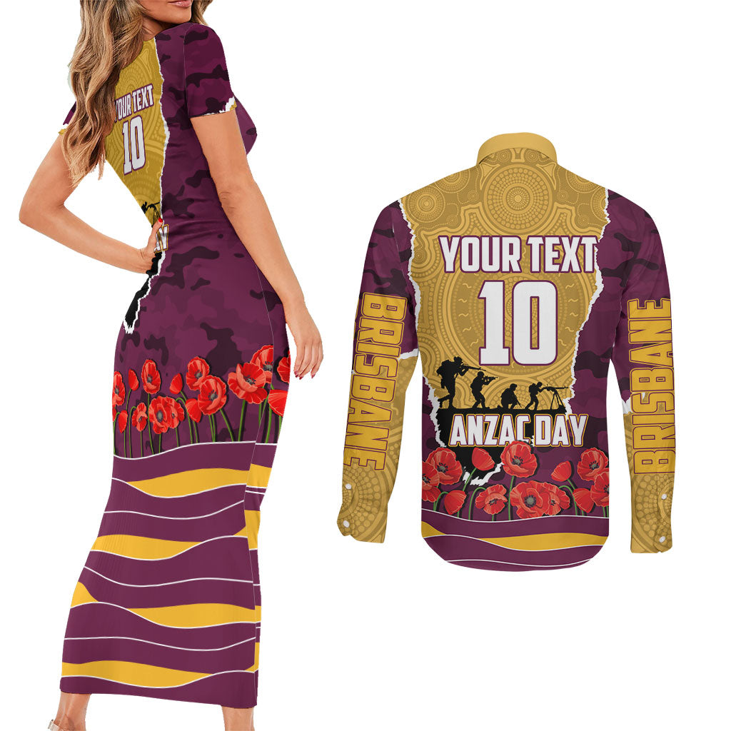 Personalized Brisbane Broncos ANZAC Tribute Couples Matching Short Sleeve Bodycon Dress and Long Sleeve Button Shirt Poppy Field Soldier Silhouette Aboriginal Rugby Mascot