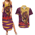 Personalized Brisbane Broncos ANZAC Tribute Couples Matching Summer Maxi Dress and Hawaiian Shirt Poppy Field Soldier Silhouette Aboriginal Rugby Mascot