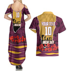 Personalized Brisbane Broncos ANZAC Tribute Couples Matching Summer Maxi Dress and Hawaiian Shirt Poppy Field Soldier Silhouette Aboriginal Rugby Mascot