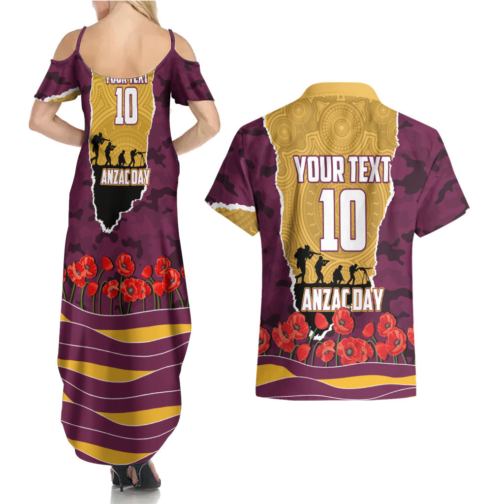 Personalized Brisbane Broncos ANZAC Tribute Couples Matching Summer Maxi Dress and Hawaiian Shirt Poppy Field Soldier Silhouette Aboriginal Rugby Mascot