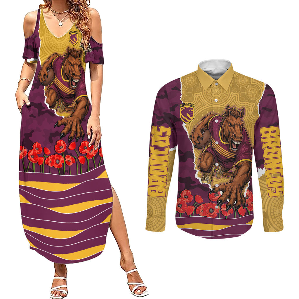 Personalized Brisbane Broncos ANZAC Tribute Couples Matching Summer Maxi Dress and Long Sleeve Button Shirt Poppy Field Soldier Silhouette Aboriginal Rugby Mascot