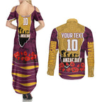 Personalized Brisbane Broncos ANZAC Tribute Couples Matching Summer Maxi Dress and Long Sleeve Button Shirt Poppy Field Soldier Silhouette Aboriginal Rugby Mascot