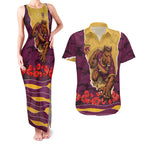 Personalized Brisbane Broncos ANZAC Tribute Couples Matching Tank Maxi Dress and Hawaiian Shirt Poppy Field Soldier Silhouette Aboriginal Rugby Mascot