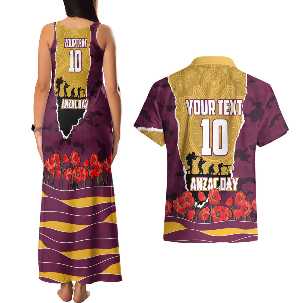 Personalized Brisbane Broncos ANZAC Tribute Couples Matching Tank Maxi Dress and Hawaiian Shirt Poppy Field Soldier Silhouette Aboriginal Rugby Mascot