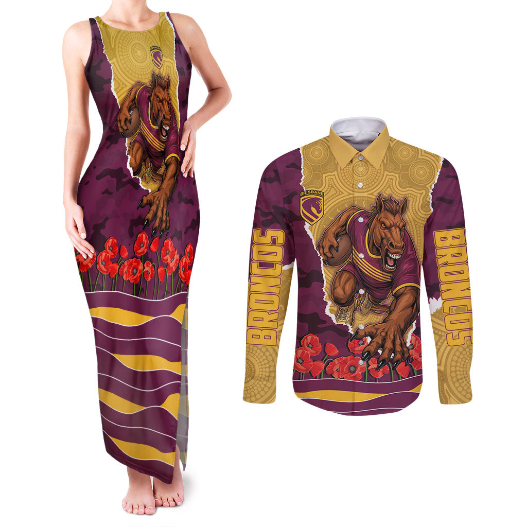 Personalized Brisbane Broncos ANZAC Tribute Couples Matching Tank Maxi Dress and Long Sleeve Button Shirt Poppy Field Soldier Silhouette Aboriginal Rugby Mascot